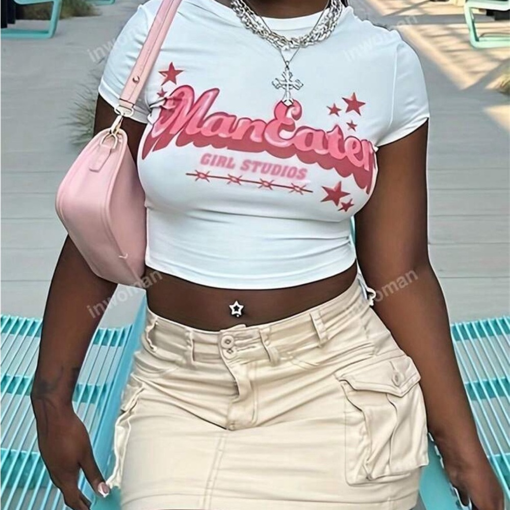Summer White Letter Print Short Sleeve Y2k Streetwear Slim T Shirt For Women